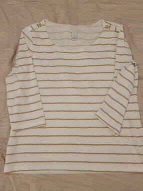 Chicos Cream & Tan Striped Women's Shirt Size 1 Small
